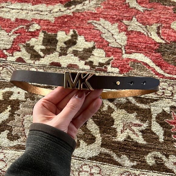 Michael Kors brown leather belt woman’s size large MK logo gold details - Picture 1 of 5